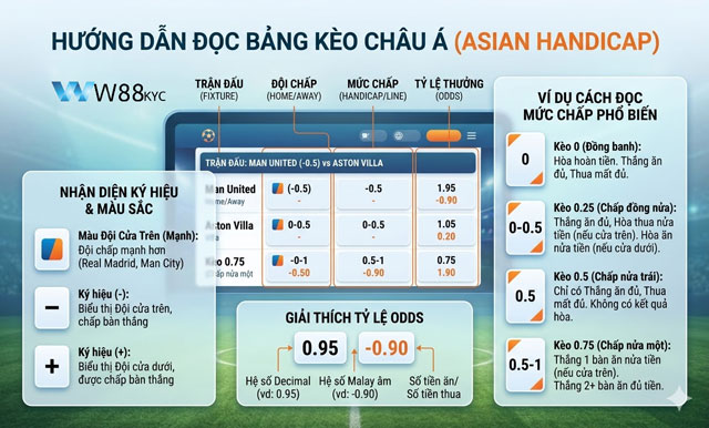 Hướng dẫn cách đọc bảng tỷ lệ kèo Châu Á tại W88 Ecogreen